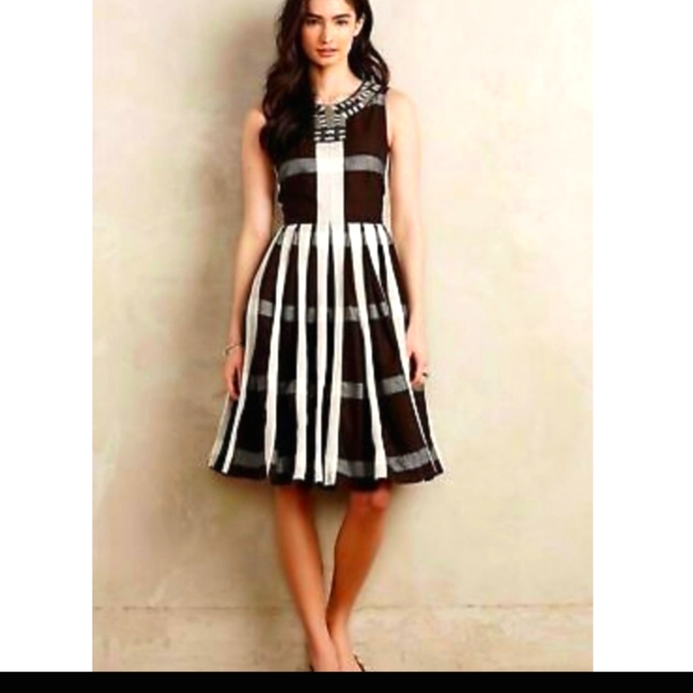 NWOT Anthropologie Maeve Brown Plaid Dress Beadwork